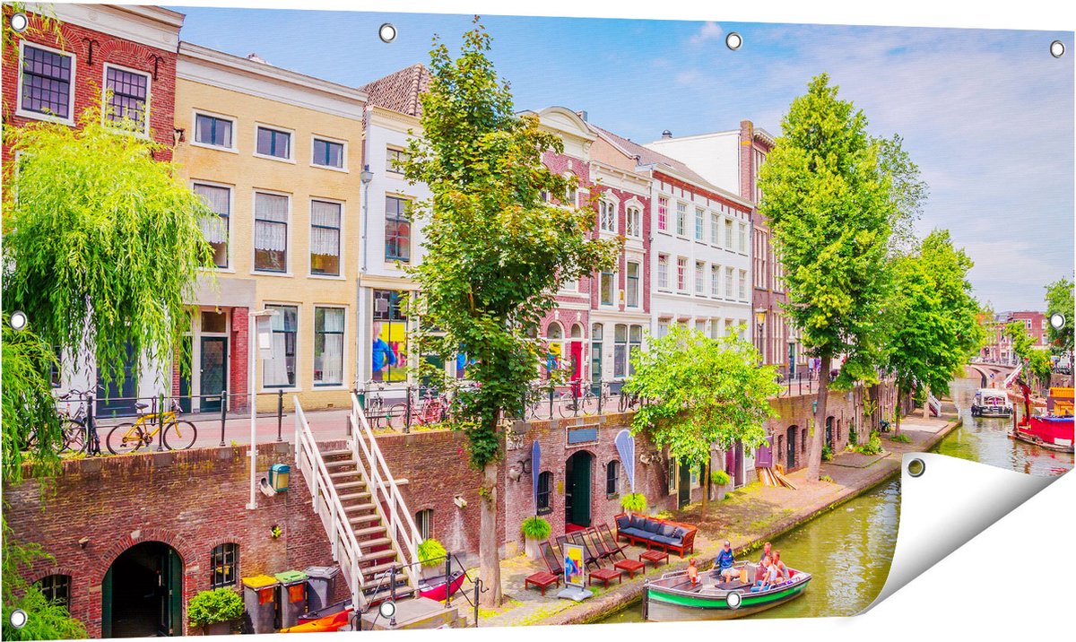 Gards Tuinposter Huisjes aan de Oudegracht in Utrecht - 120x60 cm - Tuindoek - Tuindecoratie - Wanddecoratie buiten - Tuinschilderij Multikleur