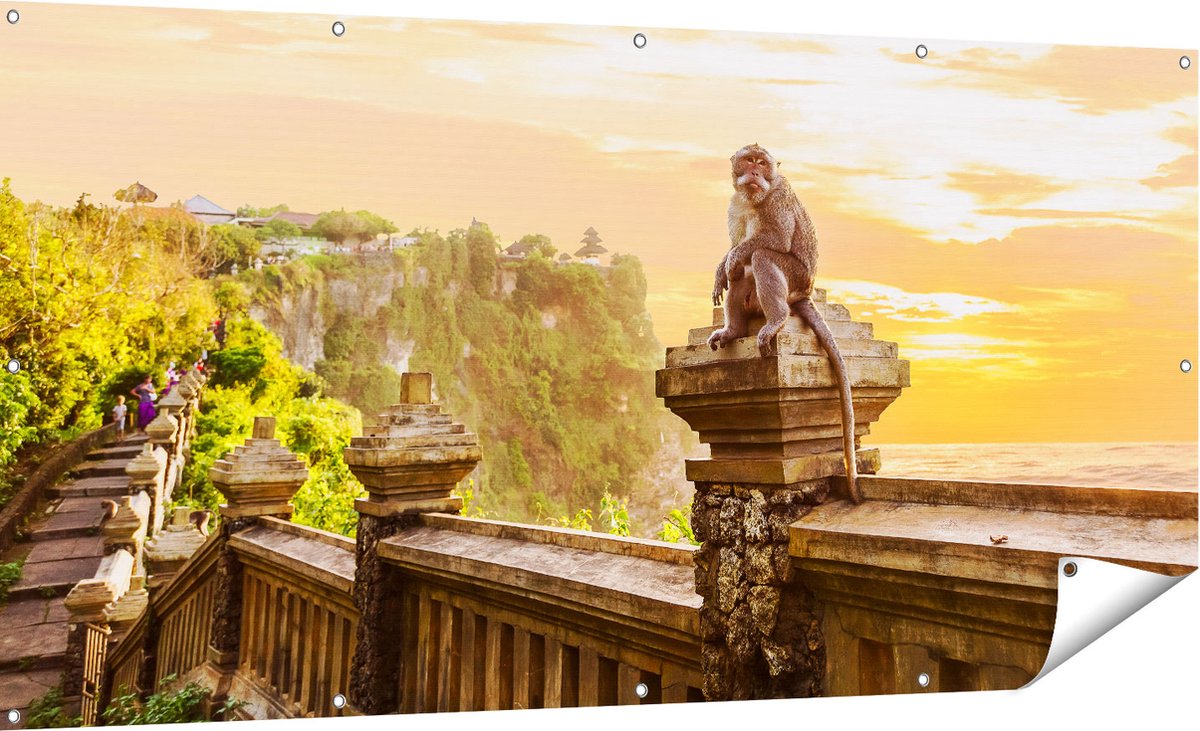 Gards Tuinposter Aap op de Uluwatu Tempel in Bali - 180x90 cm - Tuindoek - Tuindecoratie - Wanddecoratie buiten - Tuinschilderij Multikleur