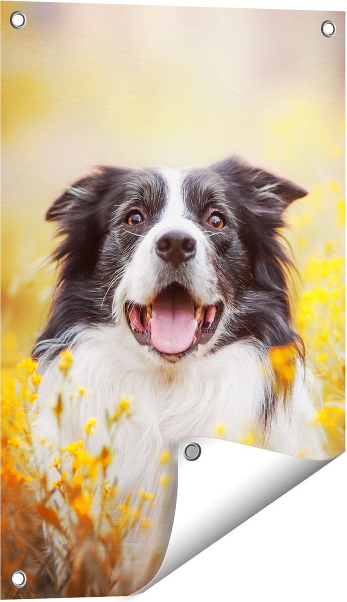 Gards Tuinposter Blije Hond tussen de Bloemen - 40x60 cm - Tuindoek - Tuindecoratie - Wanddecoratie buiten - Tuinschilderij Multikleur