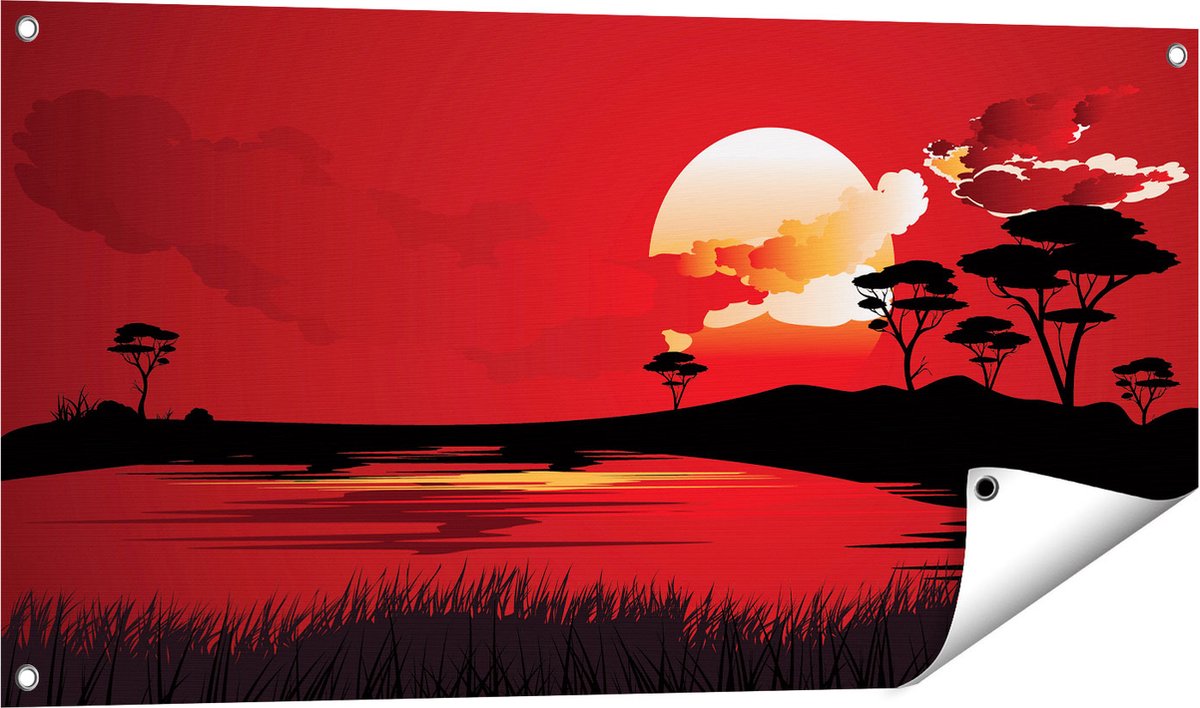 Gards Tuinposter Rode Zonsondergang in de Savanne - Abstract - 100x50 cm - Tuindoek - Tuindecoratie - Wanddecoratie buiten - Tuinschilderij Multikleur