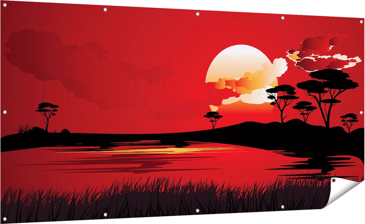 Gards Tuinposter Rode Zonsondergang in de Savanne - Abstract - 200x100 cm - Tuindoek - Tuindecoratie - Wanddecoratie buiten - Tuinschilderij Multikleur