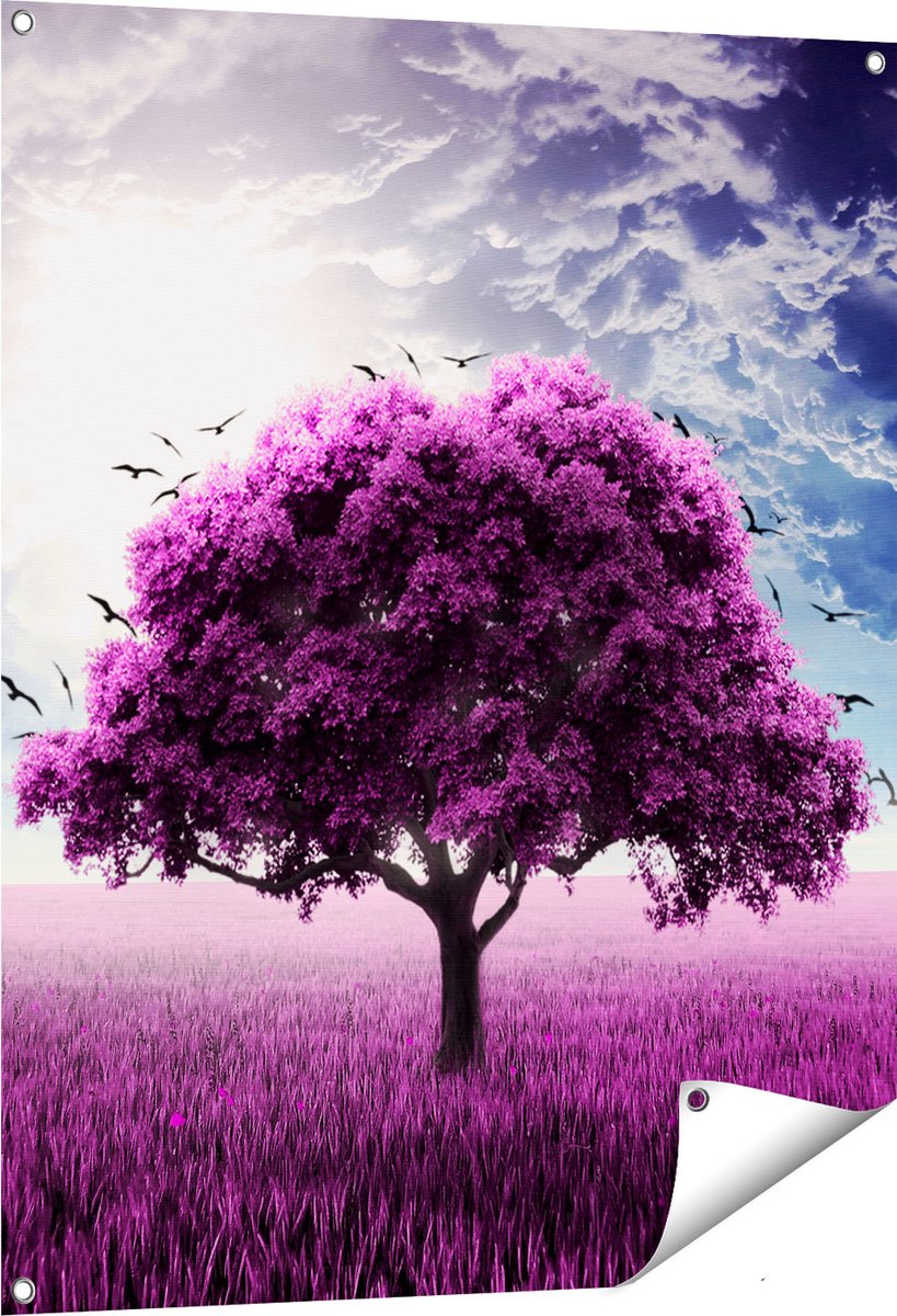 Gards Tuinposter Paarse Boom in het Paars Veld met Vogels - 80x100 cm - Tuindoek - Tuindecoratie - Wanddecoratie buiten - Tuinschilderij Multikleur
