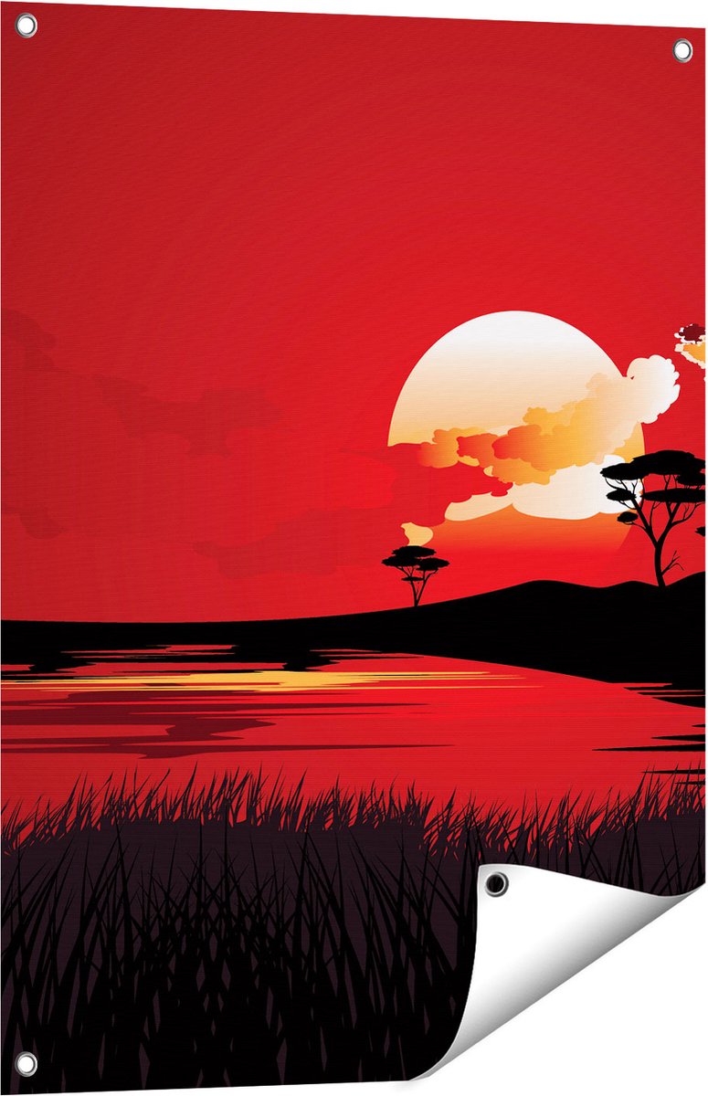 Gards Tuinposter Rode Zonsondergang in de Savanne - Abstract - 60x80 cm - Tuindoek - Tuindecoratie - Wanddecoratie buiten - Tuinschilderij Multikleur