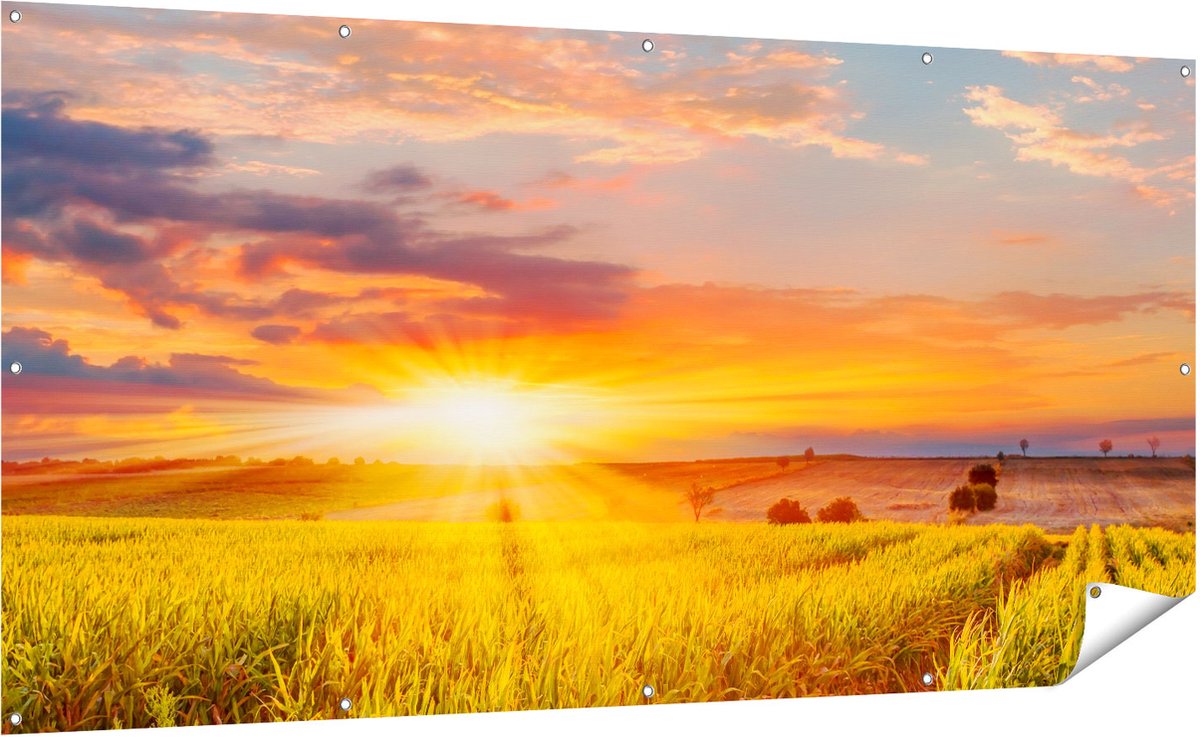 Gards Tuinposter Zonsopgang op het Ma�sveld - 200x100 cm - Tuindoek - Tuindecoratie - Wanddecoratie buiten - Tuinschilderij Multikleur