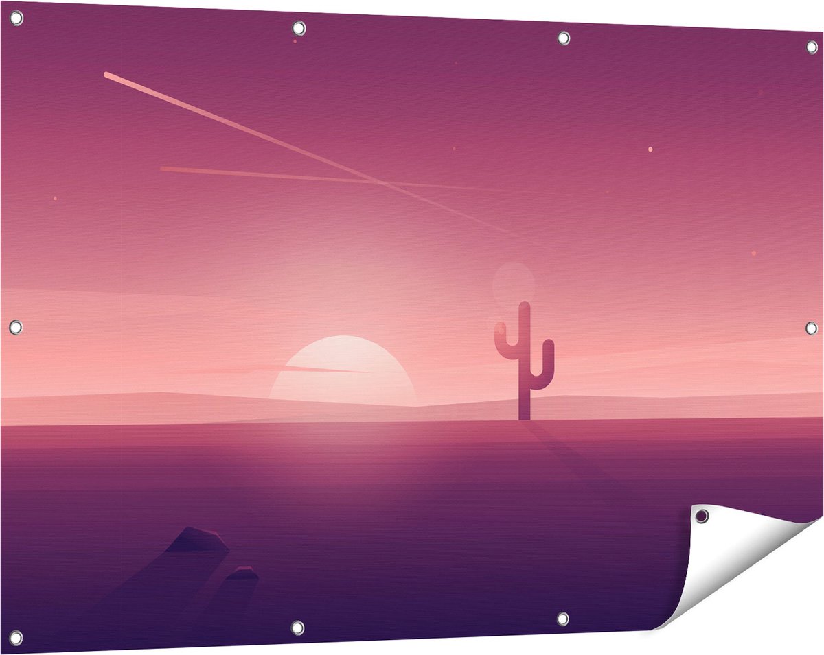 Gards Tuinposter Zonsondergang in de Woestijn met een Cactus - 120x80 cm - Tuindoek - Tuindecoratie - Wanddecoratie buiten - Tuinschilderij Multikleur