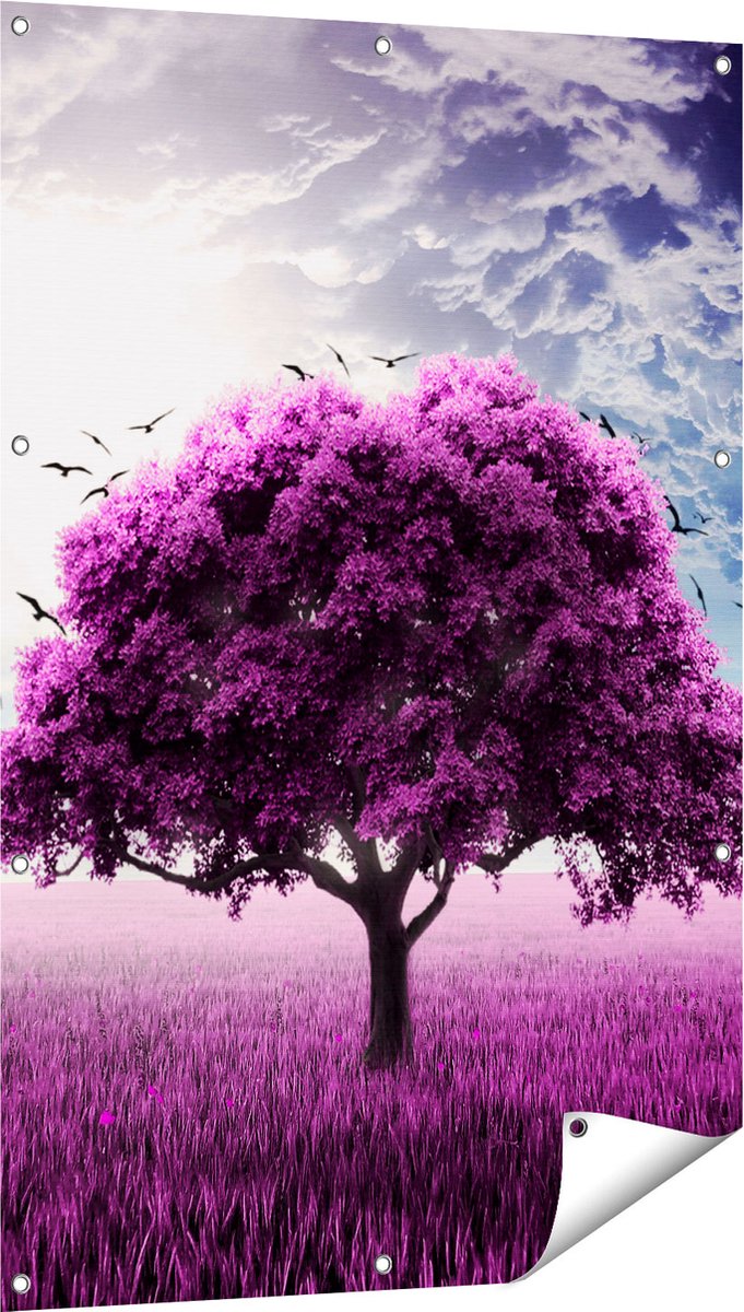 Gards Tuinposter Paarse Boom in het Paars Veld met Vogels - 80x120 cm - Tuindoek - Tuindecoratie - Wanddecoratie buiten - Tuinschilderij Multikleur