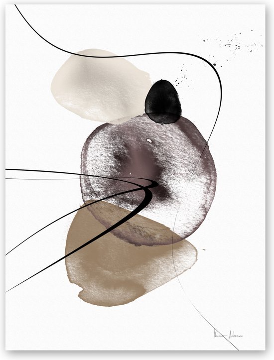 Dibond - Reproduktie / Kunstwerk / Kunst / Abstract / - Wit / zwart / bruin / grijs - 100 x 150 cm.