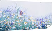 Gards Tuinposter Witte Kamille Bloemen met een Vlinder - 200x100 cm - Tuindoek - Tuindecoratie - Wanddecoratie buiten - Tuinschilderij