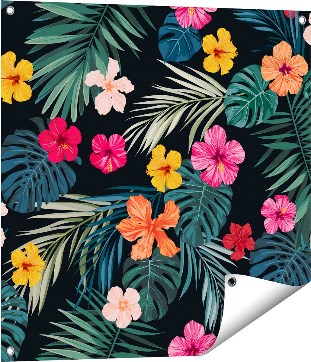 Gards Tuinposter Getekende Tropische Bloemen - Abstract - 70x70 cm - Tuindoek - Tuindecoratie - Wanddecoratie buiten - Tuinschilderij Multikleur