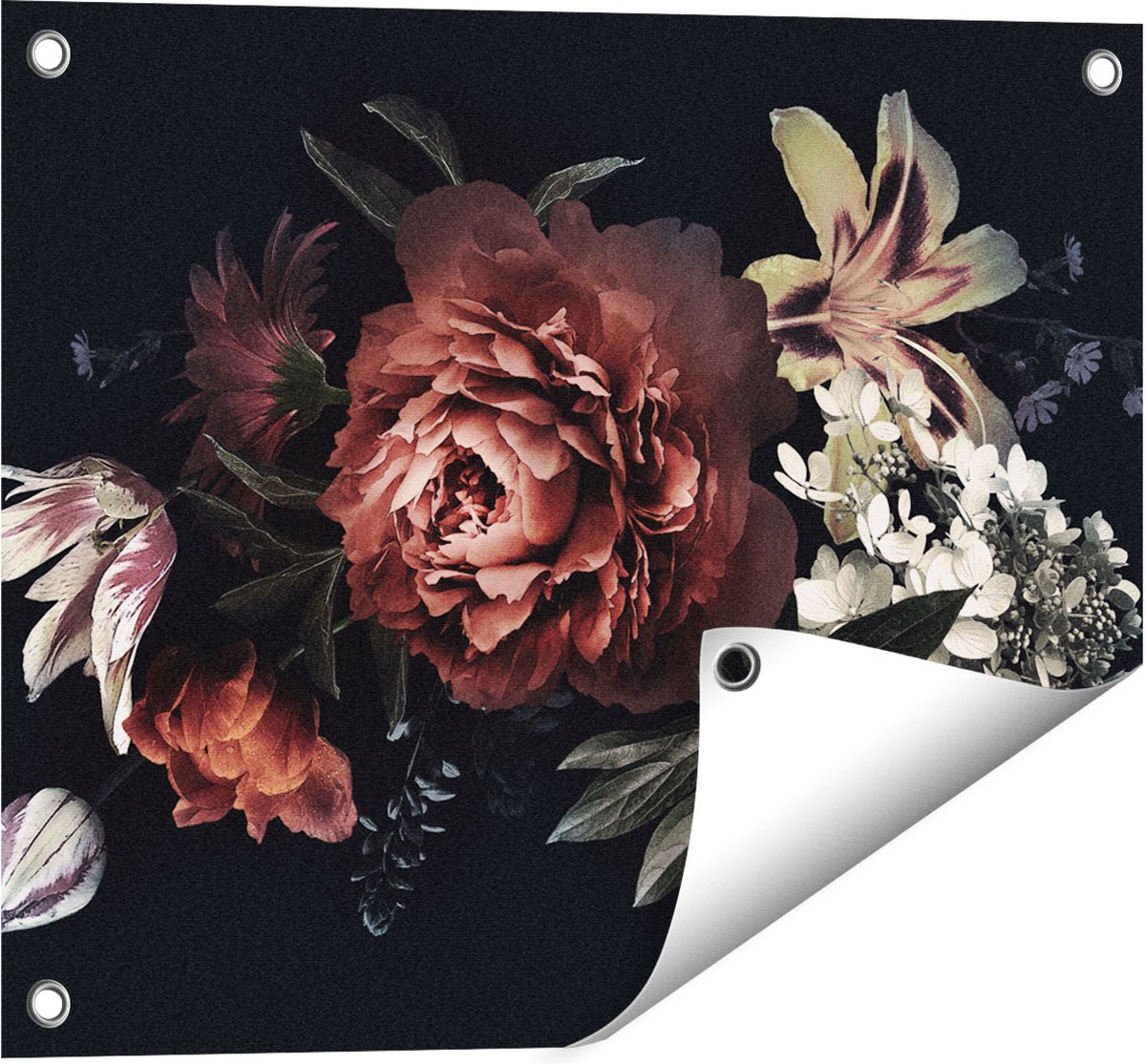 Gards Tuinposter Bloemen op een Zwart Achtergrond - 50x40 cm - Tuindoek - Tuindecoratie - Wanddecoratie buiten - Tuinschilderij Multikleur