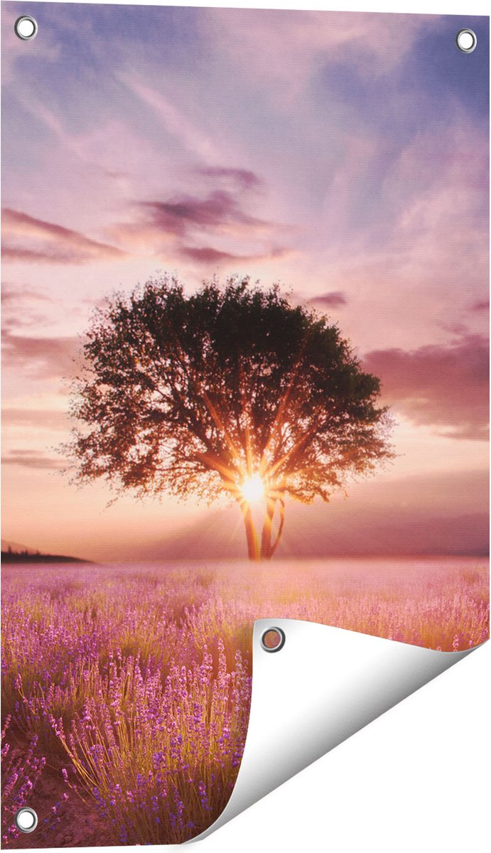 Gards Tuinposter Bloemenveld met Lavendel bij Zonsondergang - 40x60 cm - Tuindoek - Tuindecoratie - Wanddecoratie buiten - Tuinschilderij Multikleur
