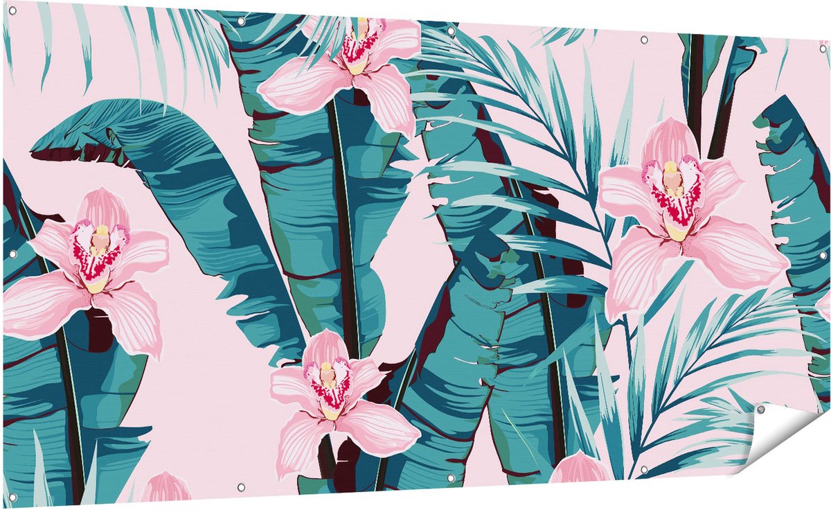 Gards Tuinposter Tropische Roze Zomer Bloemen met Bladeren - 200x100 cm - Tuindoek - Tuindecoratie - Wanddecoratie buiten - Tuinschilderij Multikleur