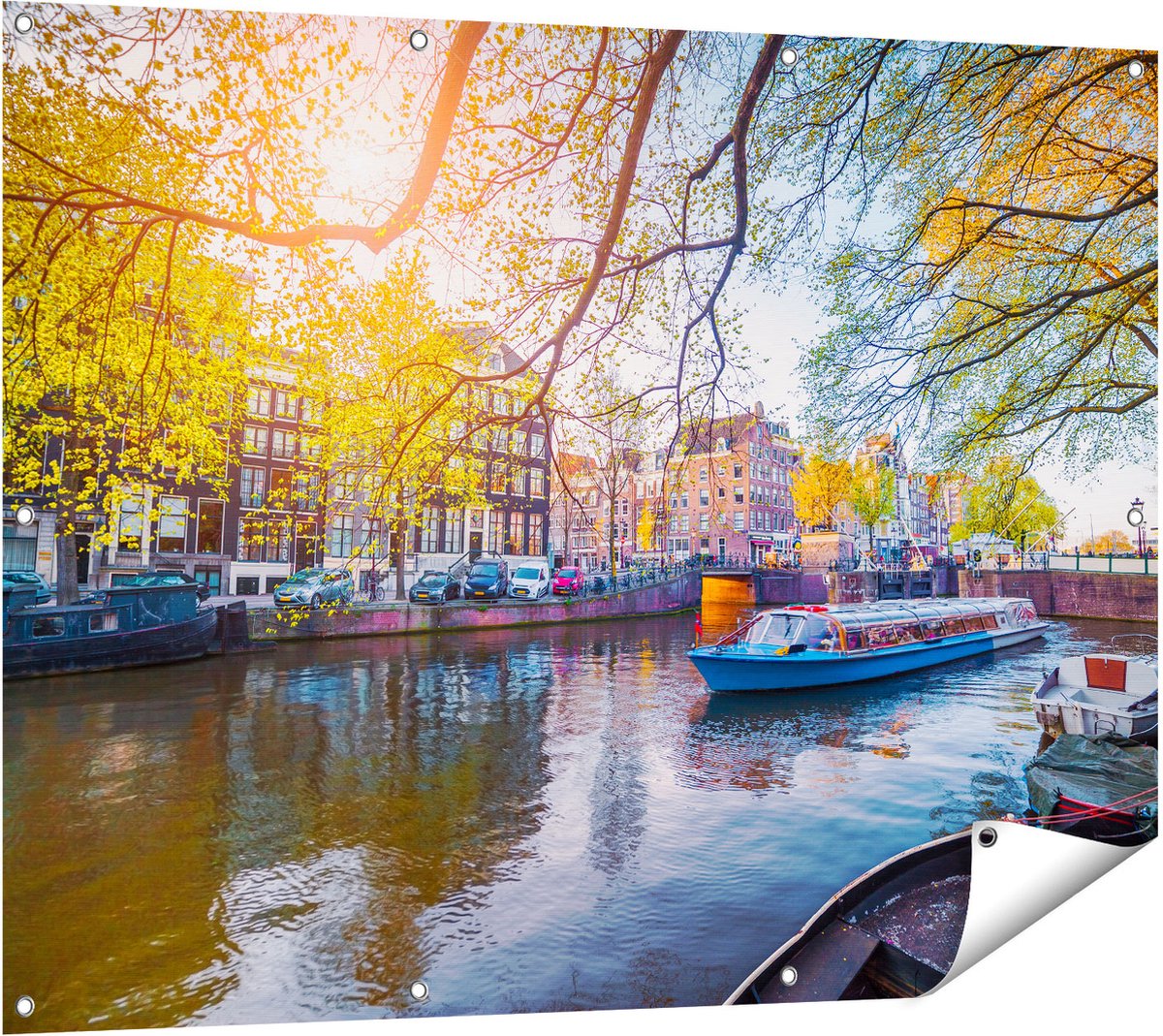 Gards Tuinposter Amsterdamse Gracht tijdens het Voorjaar - 120x90 cm - Tuindoek - Tuindecoratie - Wanddecoratie buiten - Tuinschilderij Multikleur