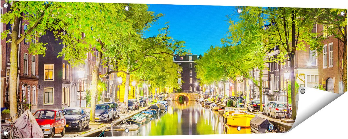 Gards Tuinposter Amsterdamse Gracht in de Nacht - 150x50 cm - Tuindoek - Tuindecoratie - Wanddecoratie buiten - Tuinschilderij Multikleur