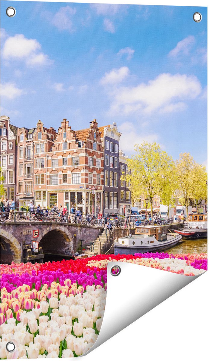 Gards Tuinposter Amsterdamse Huisjes aan de Grachten - 40x60 cm - Tuindoek - Tuindecoratie - Wanddecoratie buiten - Tuinschilderij Multikleur