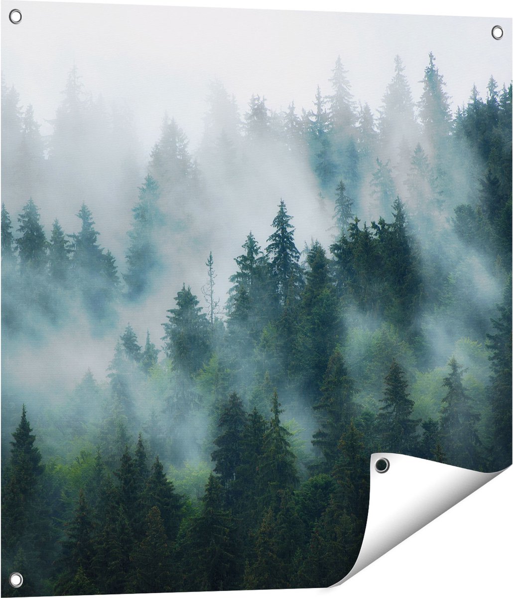 Gards Tuinposter Bos met Bomen in de Mist - 70x70 cm - Tuindoek - Tuindecoratie - Wanddecoratie buiten - Tuinschilderij Multikleur