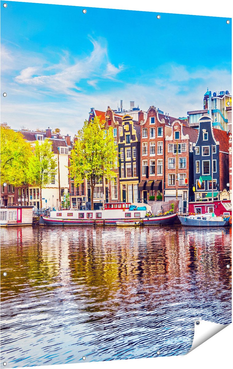 Gards Tuinposter Amsterdamse Huisjes aan het Water - 120x160 cm - Tuindoek - Tuindecoratie - Wanddecoratie buiten - Tuinschilderij Multikleur