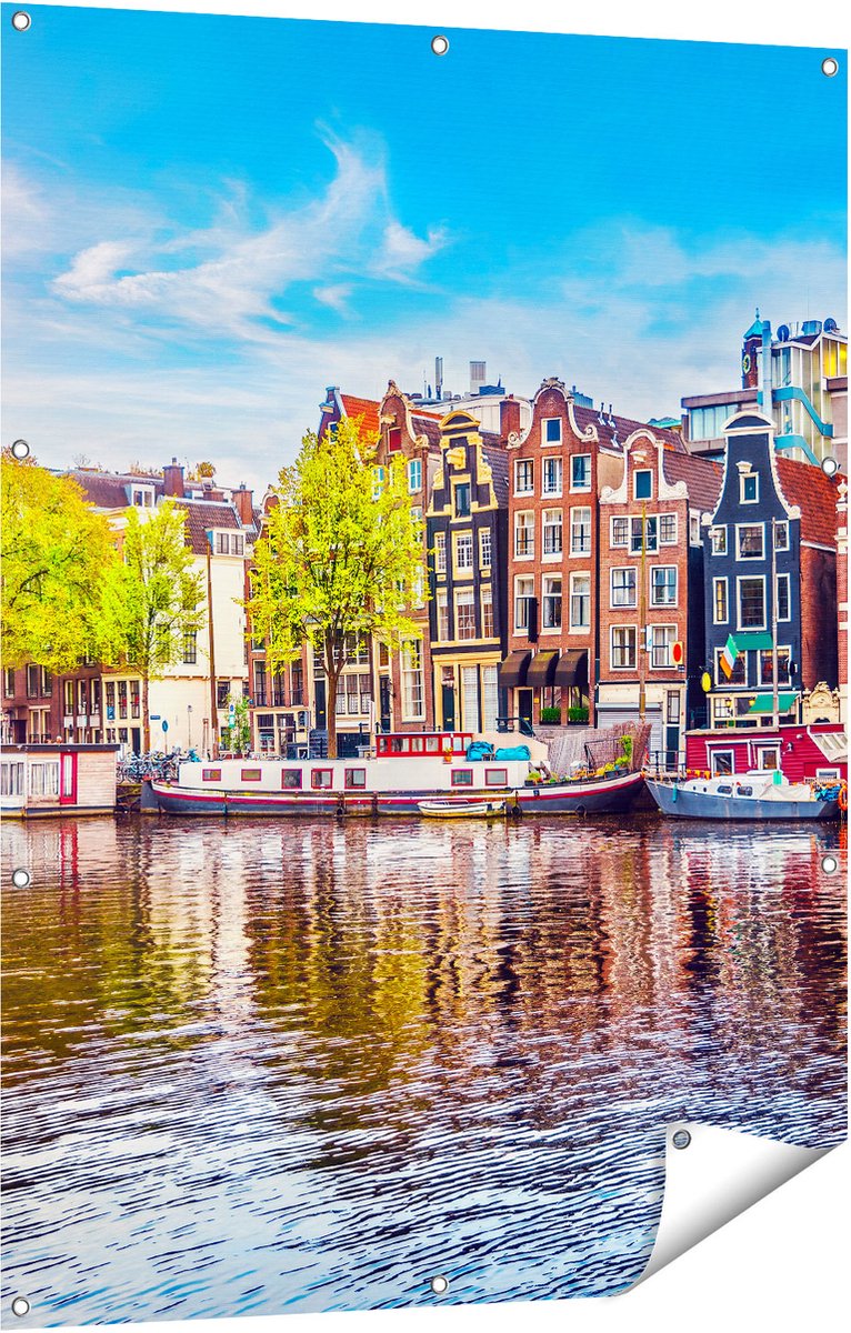 Gards Tuinposter Amsterdamse Huisjes aan het Water - 90x120 cm - Tuindoek - Tuindecoratie - Wanddecoratie buiten - Tuinschilderij Multikleur