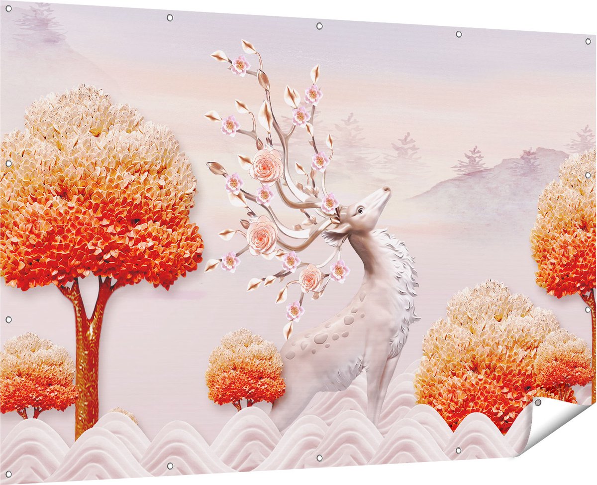 Gards Tuinposter 3D Illustratie Hert - Abstract - 180x120 cm - Tuindoek - Tuindecoratie - Wanddecoratie buiten - Tuinschilderij Multikleur