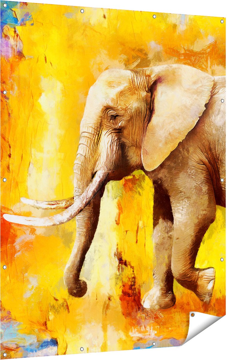Gards Tuinposter Geschilderde Olifant Olieverf - Abstract - 120x160 cm - Tuindoek - Tuindecoratie - Wanddecoratie buiten - Tuinschilderij Multikleur