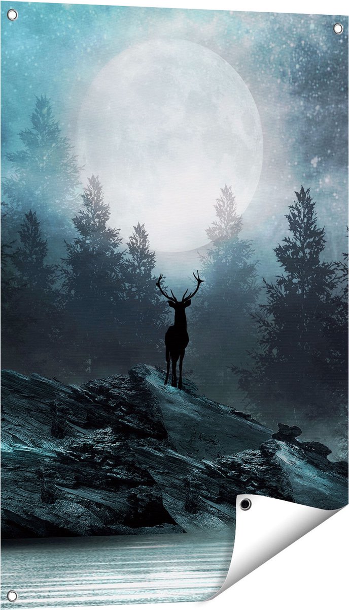Gards Tuinposter Hert op een Rots tijdens Volle Maan - 60x90 cm - Tuindoek - Tuindecoratie - Wanddecoratie buiten - Tuinschilderij Multikleur
