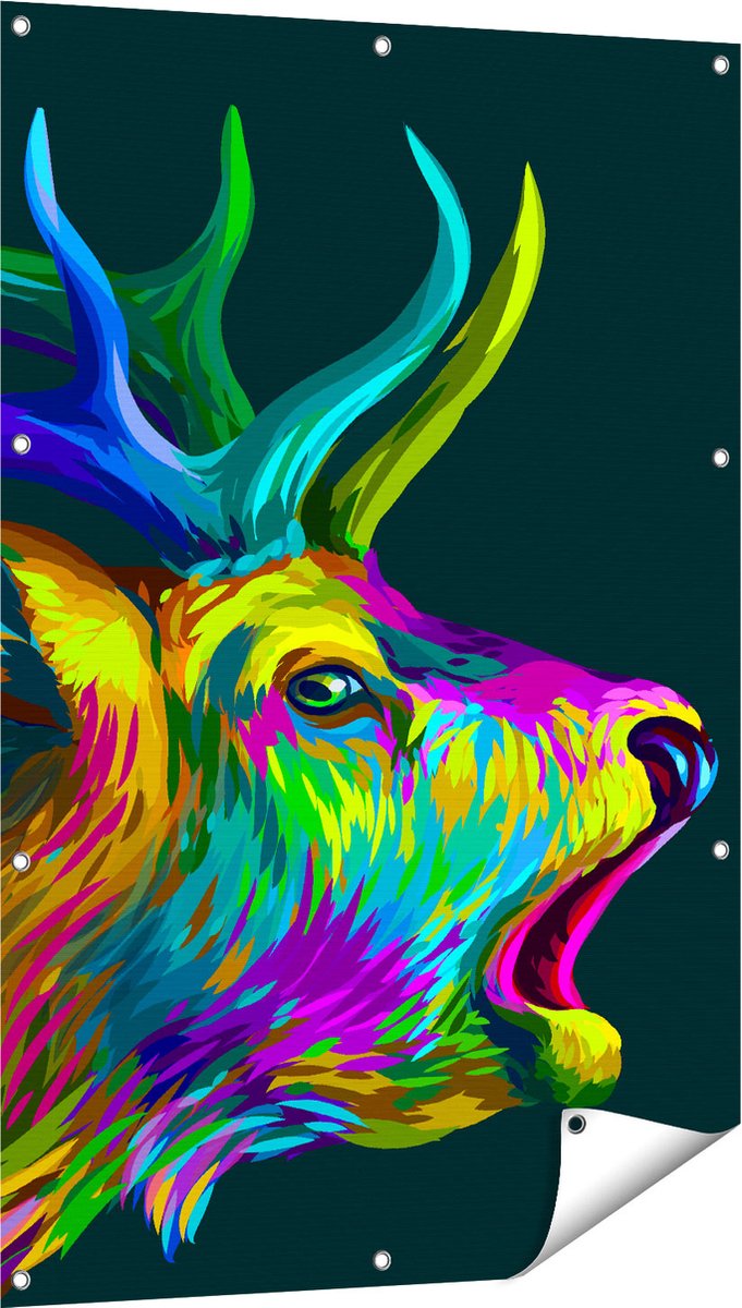 Gards Tuinposter Hertenkop - Hert - Abstract - Kleur - 80x120 cm - Tuindoek - Tuindecoratie - Wanddecoratie buiten - Tuinschilderij Multikleur
