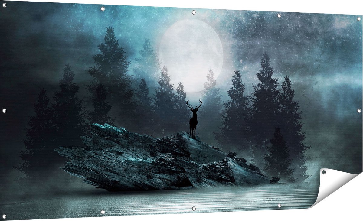 Gards Tuinposter Hert op een Rots tijdens Volle Maan - 180x90 cm - Tuindoek - Tuindecoratie - Wanddecoratie buiten - Tuinschilderij Multikleur