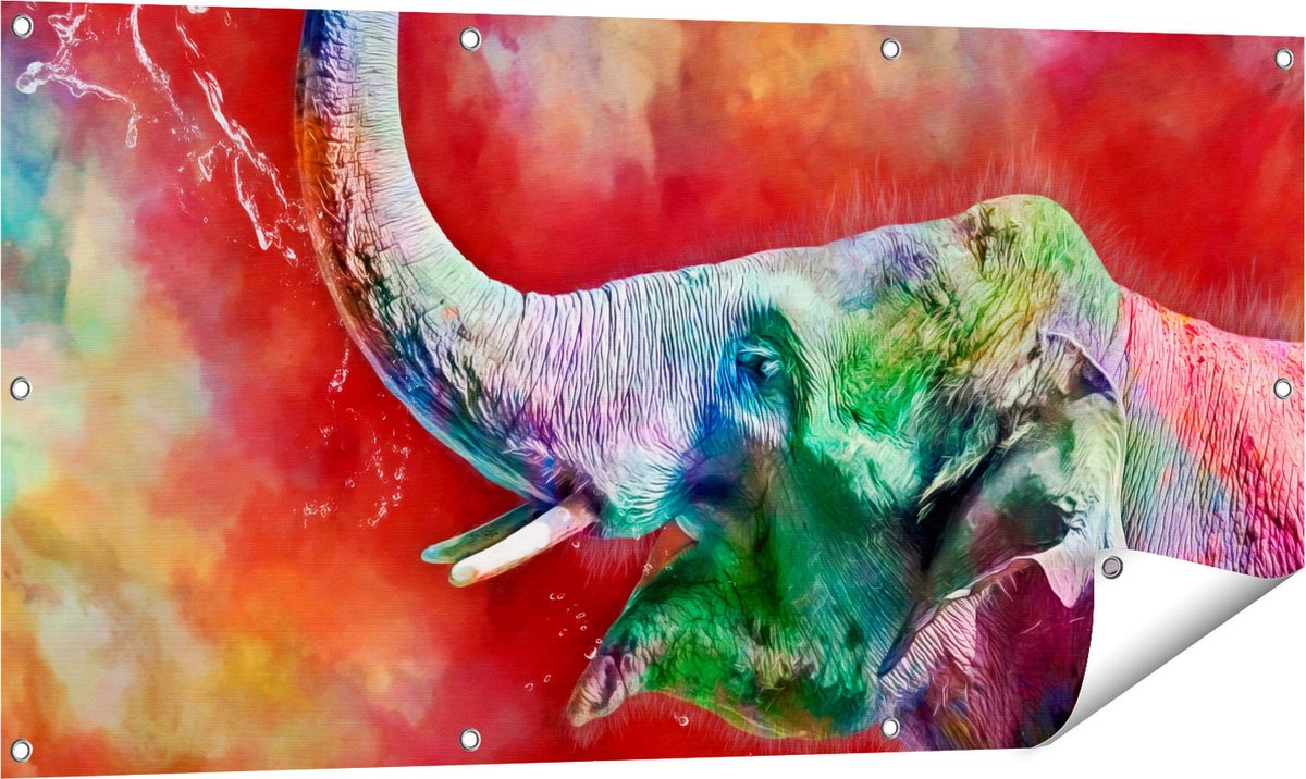 Gards Tuinposter Getekende Vrolijke Olifant - Abstract - 120x60 cm - Tuindoek - Tuindecoratie - Wanddecoratie buiten - Tuinschilderij Multikleur