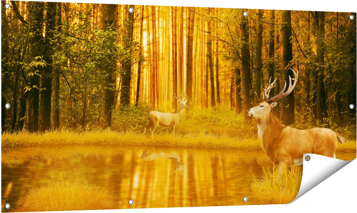 Gards Tuinposter Twee Herten in het Bos bij het Water - 140x70 cm - Tuindoek - Tuindecoratie - Wanddecoratie buiten - Tuinschilderij Multikleur