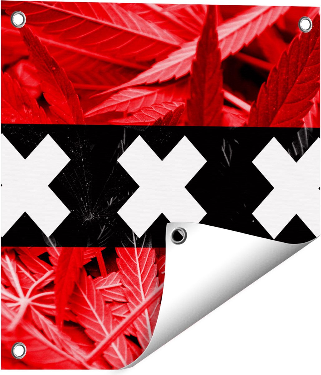 Gards Tuinposter Amsterdamse Vlag met Cannabis Achtergrond - 40x40 cm - Tuindoek - Tuindecoratie - Wanddecoratie buiten - Tuinschilderij Multikleur
