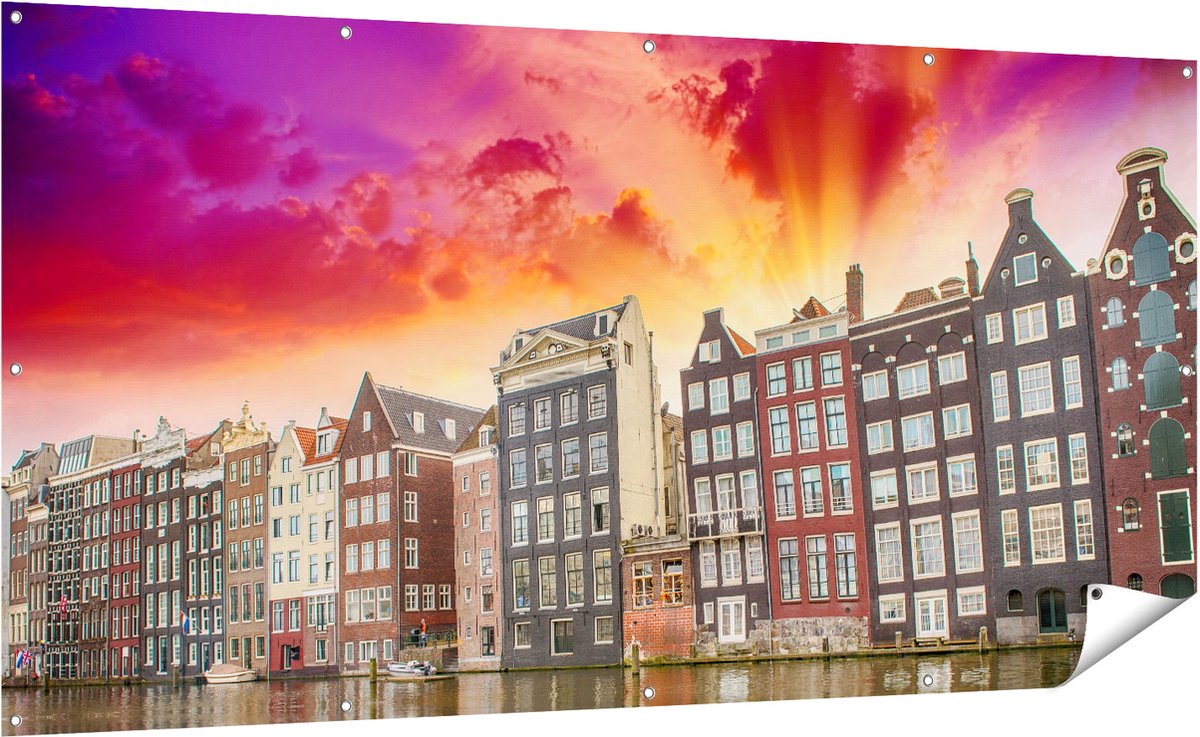 Gards Tuinposter Amsterdamse Huisjes bij het Kanaal - Kleur - 200x100 cm - Tuindoek - Tuindecoratie - Wanddecoratie buiten - Tuinschilderij Multikleur
