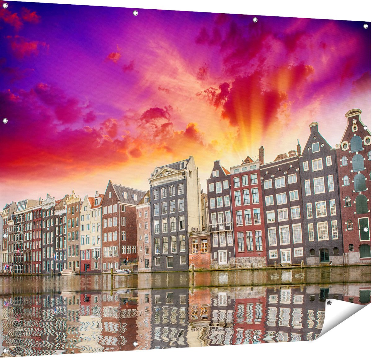 Gards Tuinposter Amsterdamse Huisjes bij het Kanaal - Kleur - 150x120 cm - Tuindoek - Tuindecoratie - Wanddecoratie buiten - Tuinschilderij Multikleur