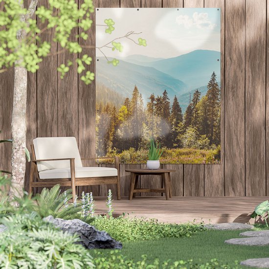 Gards Tuinposter Bos met Bomen in de Hoge Bergen - 120x150 cm - Tuindoek - Tuindecoratie - Wanddecoratie buiten - Tuinschilderij
