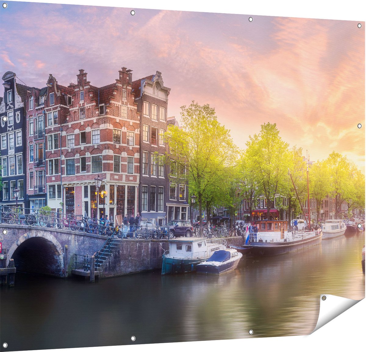 Gards Tuinposter Amsterdamse Grachten - 150x120 cm - Tuindoek - Tuindecoratie - Wanddecoratie buiten - Tuinschilderij Multikleur