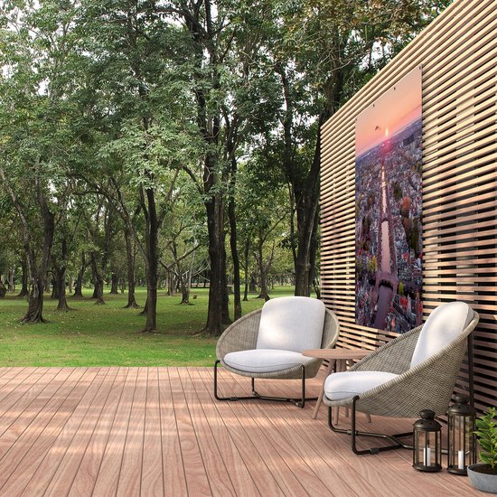 Affiche de jardin Gards Vue de dessus Amsterdam avec coucher de soleil - 120x150 cm - Toile de jardin - Décoration de jardin - Décoration murale extérieure - Peinture de jardin