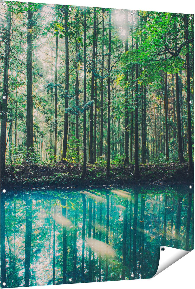Gards Tuinposter Bos bij een Groen Meer - 120x150 cm - Tuindoek - Tuindecoratie - Wanddecoratie buiten - Tuinschilderij Multikleur