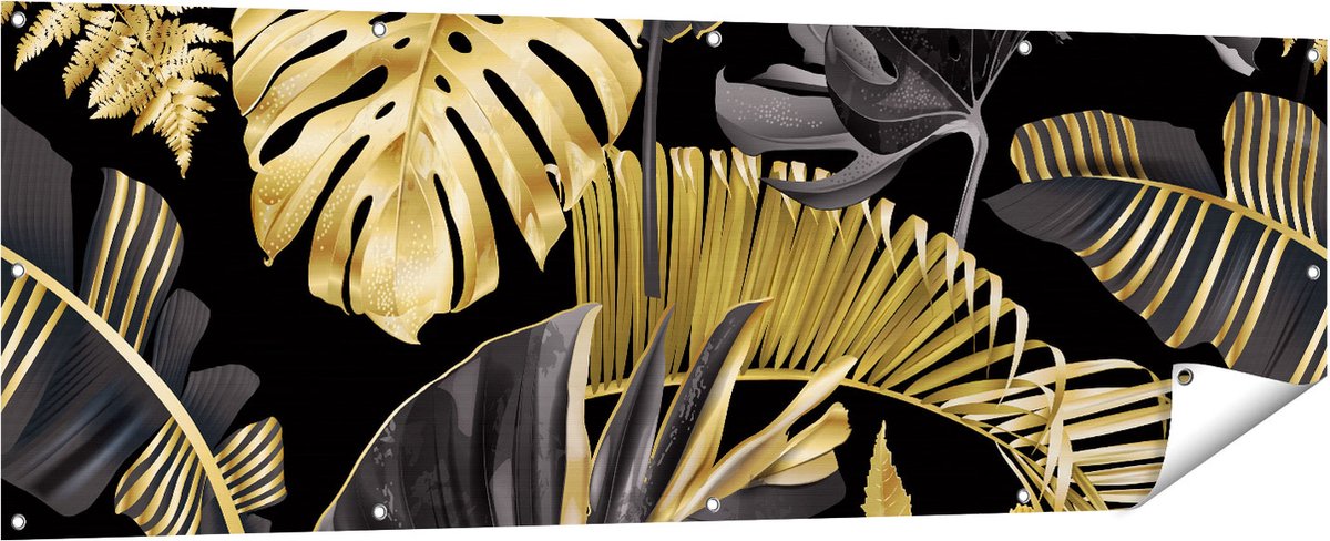 Gards Tuinposter Gouden Tropische Bladeren - 180x60 cm - Tuindoek - Tuindecoratie - Wanddecoratie buiten - Tuinschilderij Multikleur