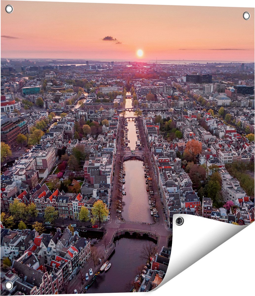 Gards Tuinposter Bovenaanzicht Amsterdam met Zonsondergang - 60x60 cm - Tuindoek - Tuindecoratie - Wanddecoratie buiten - Tuinschilderij Multikleur
