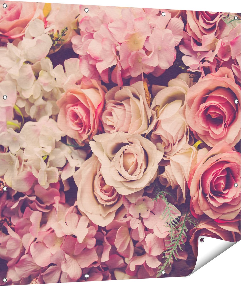 Gards Tuinposter Roze Rozen Achtergrond - Retro - Bloemen - 110x110 cm - Tuindoek - Tuindecoratie - Wanddecoratie buiten - Tuinschilderij Multikleur