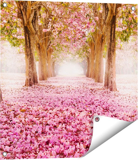 Gards Tuinposter Romantische Bomen Tunnel met Roze Anjers - 60x60 cm - Tuindoek - Tuindecoratie - Wanddecoratie buiten - Tuinschilderij