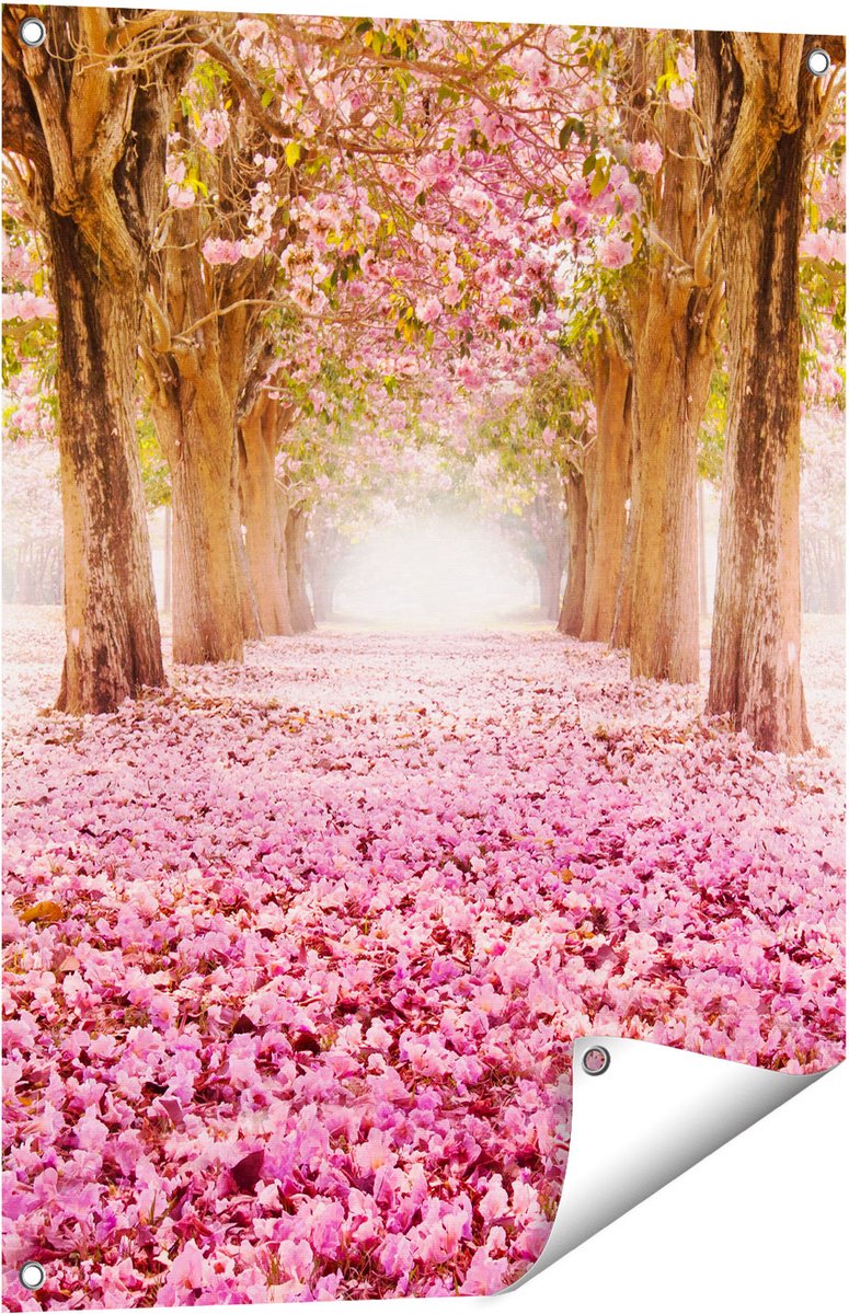 Gards Tuinposter Romantische Bomen Tunnel met Roze Anjers - 60x80 cm - Tuindoek - Tuindecoratie - Wanddecoratie buiten - Tuinschilderij Multikleur
