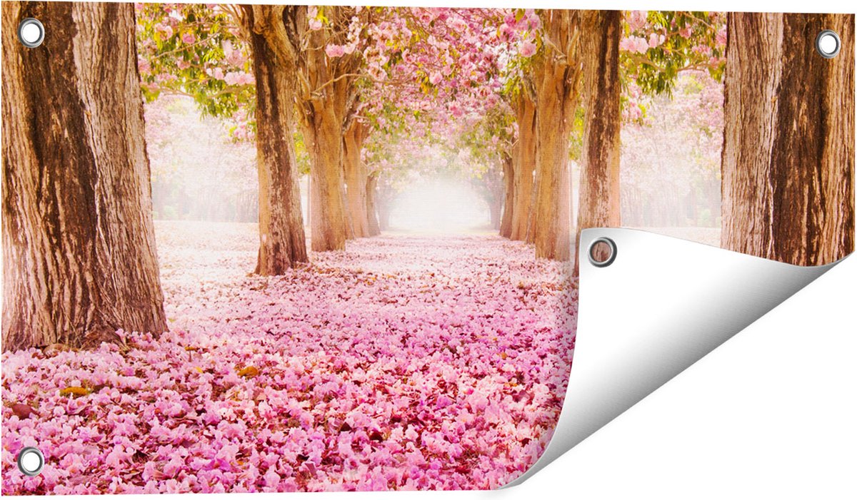 Gards Tuinposter Romantische Bomen Tunnel met Roze Anjers - 60x30 cm - Tuindoek - Tuindecoratie - Wanddecoratie buiten - Tuinschilderij Multikleur