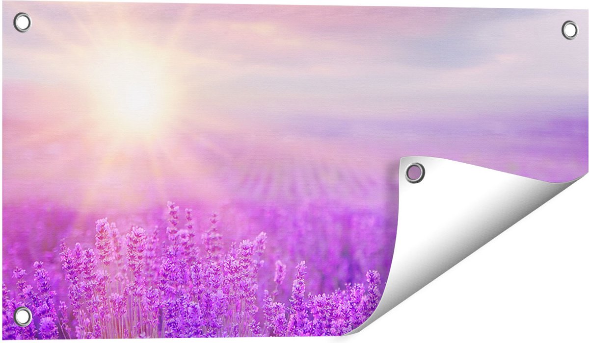 Gards Tuinposter Bloemenveld met Paarse Lavendel - 60x30 cm - Tuindoek - Tuindecoratie - Wanddecoratie buiten - Tuinschilderij Multikleur