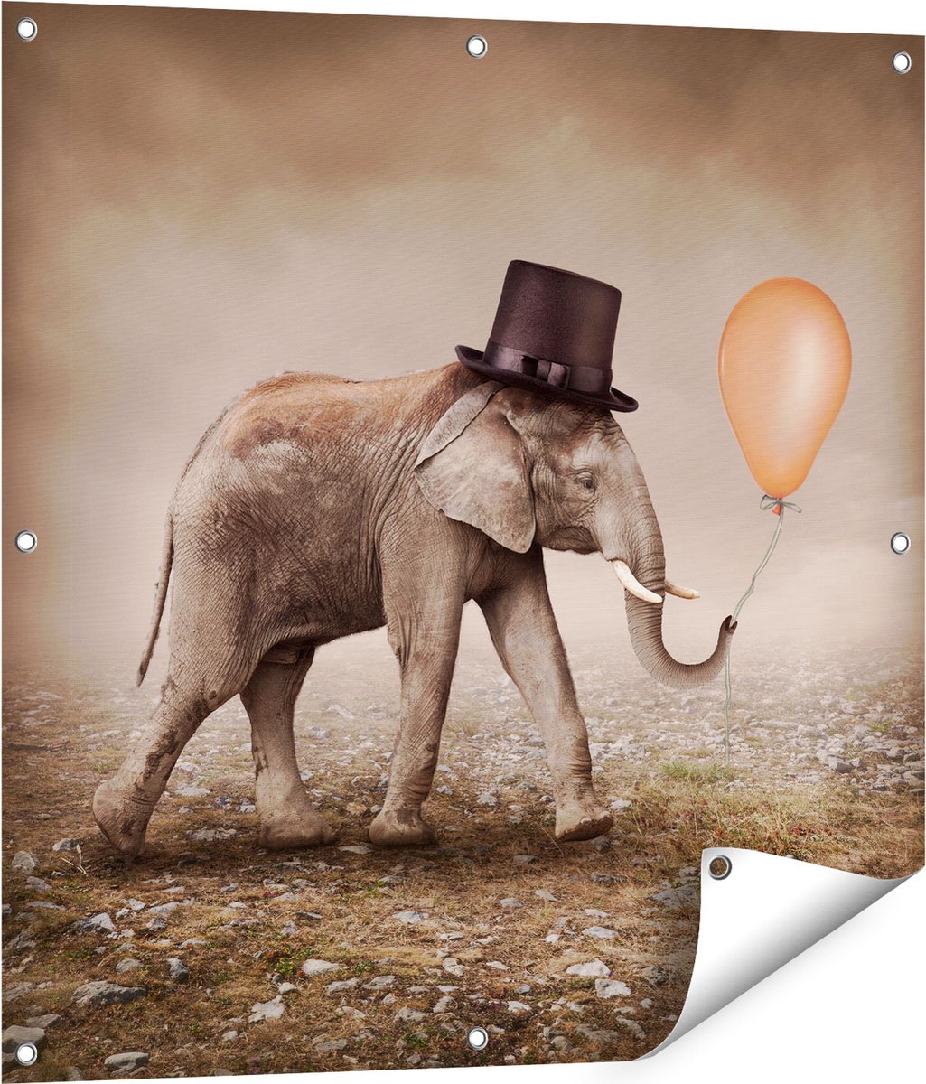 Gards Tuinposter Olifant met een Oranje Ballon - Hoedje - 80x80 cm - Tuindoek - Tuindecoratie - Wanddecoratie buiten - Tuinschilderij Multikleur