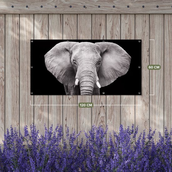 Gards Tuinposter Olifant - Zwart Wit - 120x60 cm - Tuindoek - Tuindecoratie - Wanddecoratie buiten - Tuinschilderij