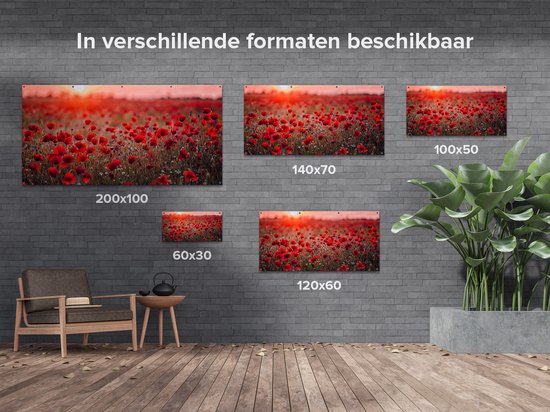 Gards Affiche de jardin Coquelicots rouges Champ de fleurs Coucher de soleil - 160x80 cm - Toile jardin - Décoration de jardin - Décoration murale extérieur - Tableau jardin