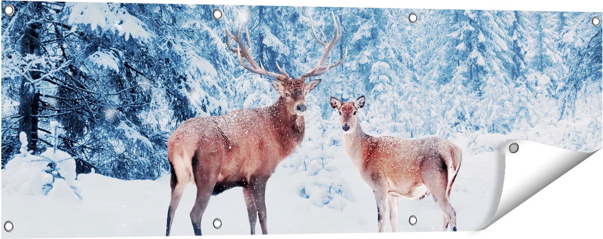 Gards Tuinposter Twee Herten in het Bos met Sneeuw - 120x40 cm - Tuindoek - Tuindecoratie - Wanddecoratie buiten - Tuinschilderij Multikleur