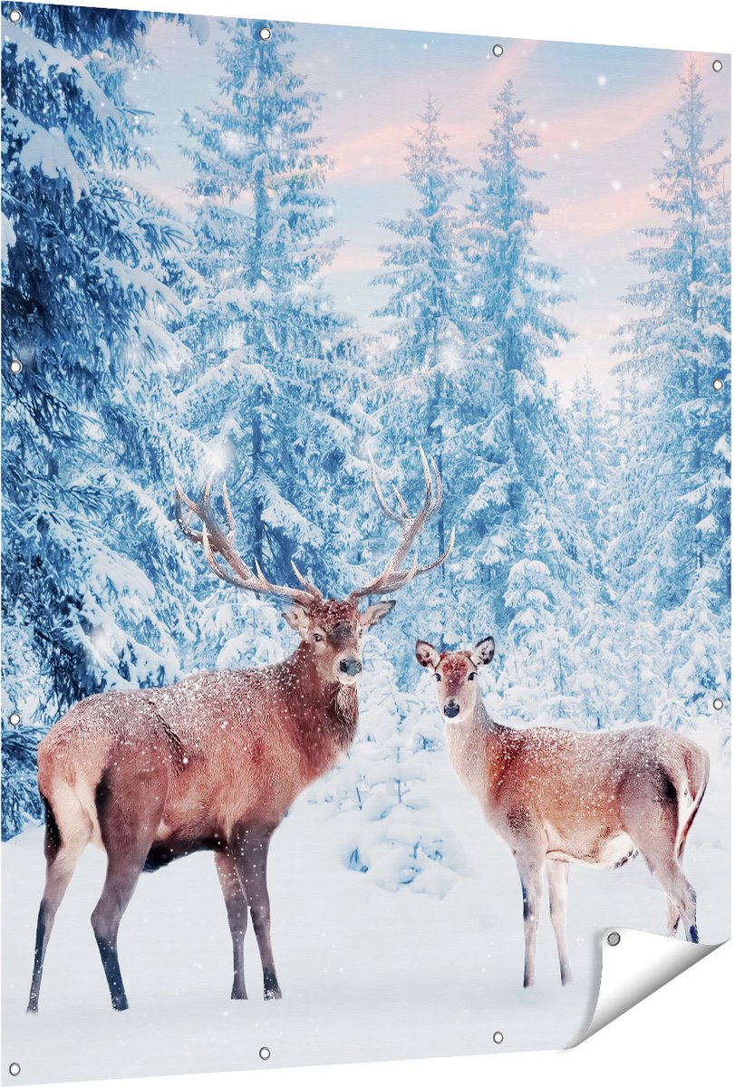 Gards Tuinposter Twee Herten in het Bos met Sneeuw - 120x150 cm - Tuindoek - Tuindecoratie - Wanddecoratie buiten - Tuinschilderij Multikleur