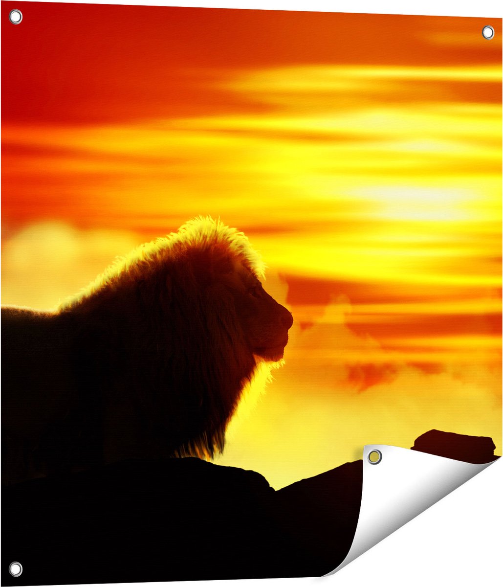Gards Tuinposter Leeuw en Tijger - Silhouet - Zonsopkomst - 70x70 cm - Tuindoek - Tuindecoratie - Wanddecoratie buiten - Tuinschilderij Multikleur