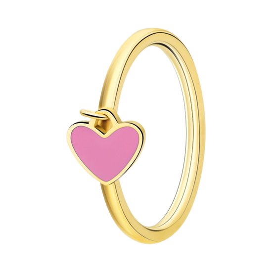 Lucardi Kinder Stalen goldplated ring met hart emaille lichtroze - Ring - Staal - Goudkleurig - 16 / 50 mm